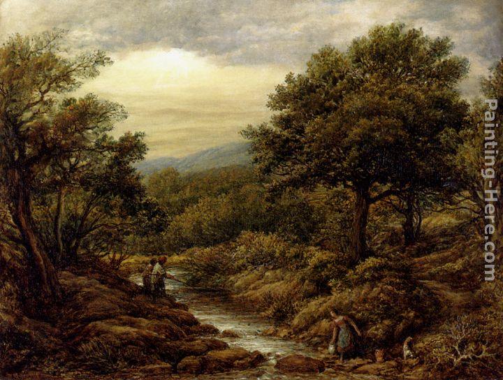 John Linnell A River Landscape, With Two Boys Fishing And A Girl Fetching Water